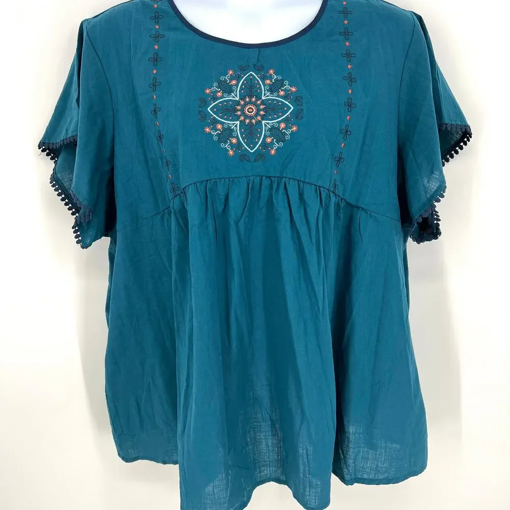 LuLaRoe Teal Boho22 Paisley Embroidered NWT Top Size 3XL